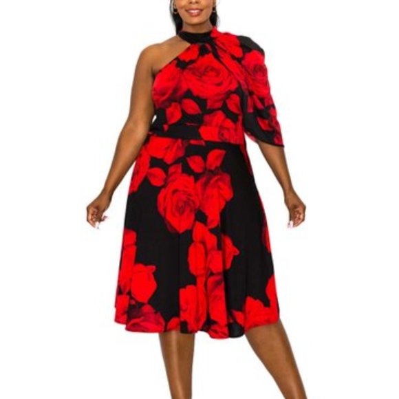 Black & Red Floral Asymmetric A-Line Dress - Picture 1 of 4